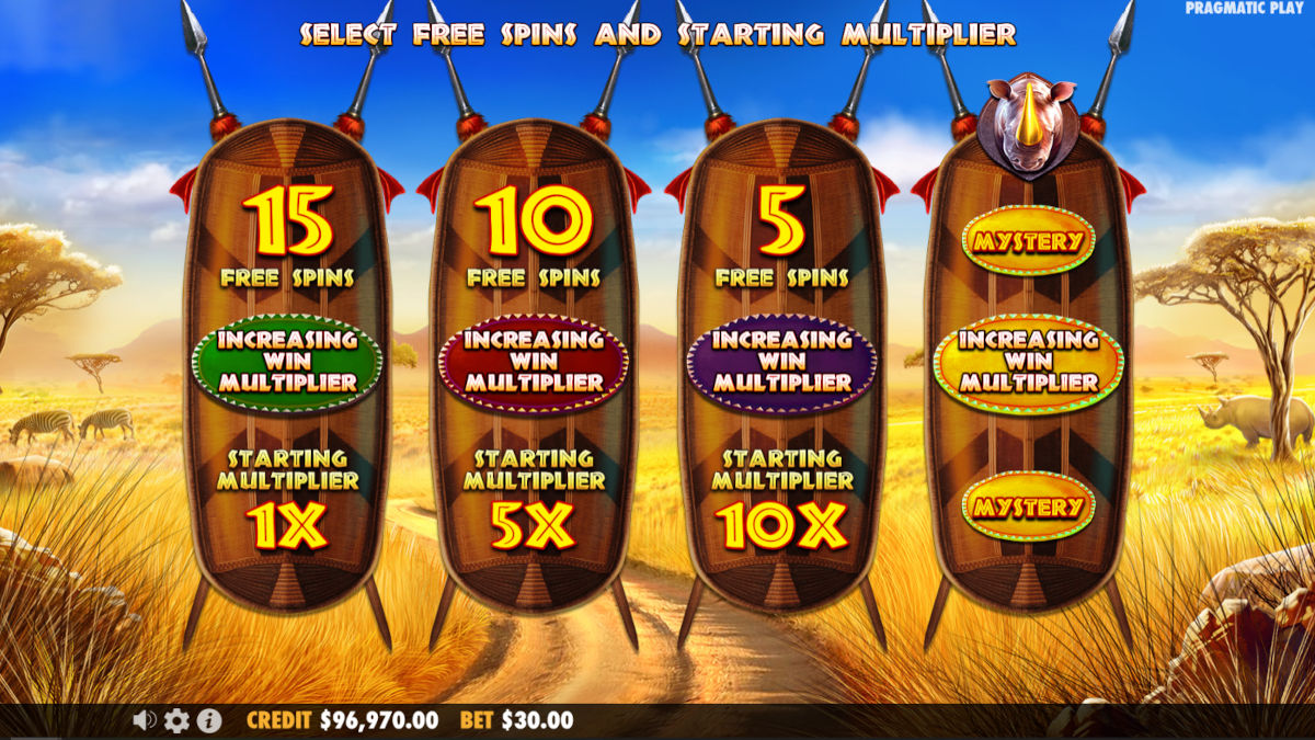 Great Rhino Megaways slot by Pragmatic play, free spins selector and multiplier